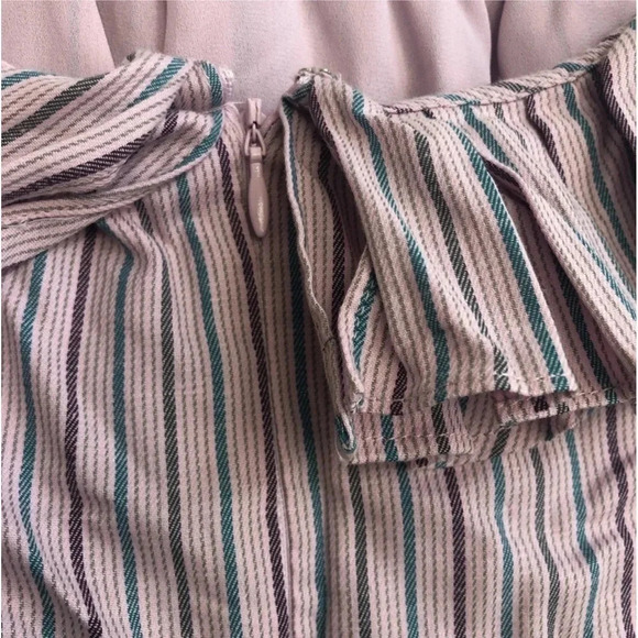 New Wayf Gayle pink Striped print Off the Shoulder Ruffle Shift dress - Picture 8 of 8